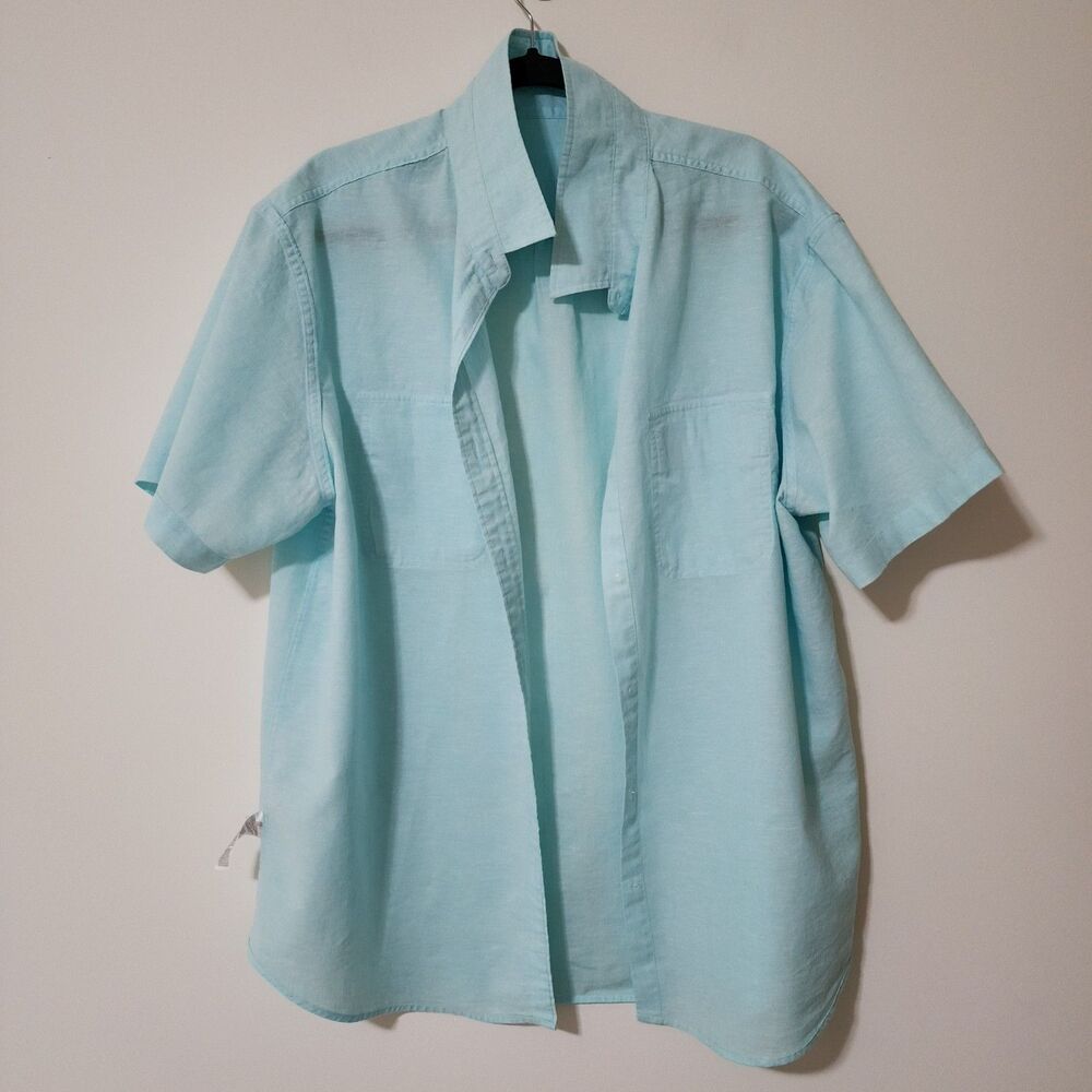 Old Navy Coupe Etroite Slim Linen Cotton Short Sleeve Button-Up Shirt Blue XXL - Picture 3 of 7